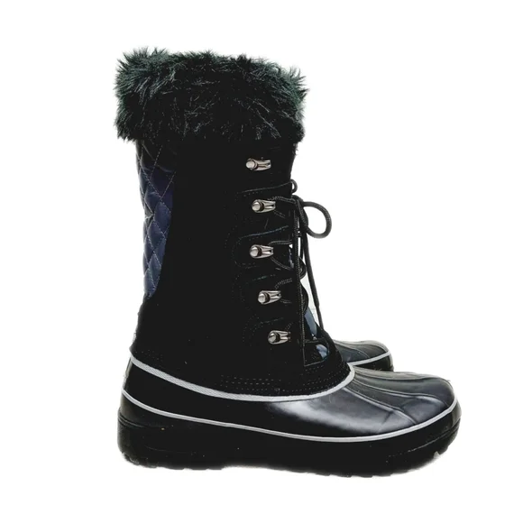 Black Leather Waterproof Womens Sz 9M Faux Fur Trim Lace Boots Khombu Nordic 2 - Picture 4 of 8